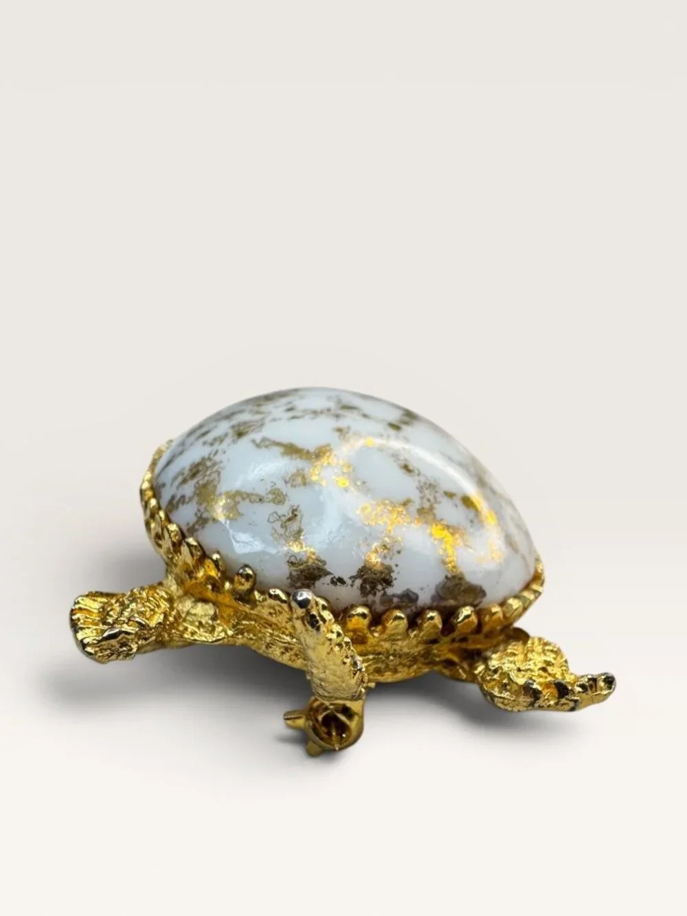 1960s White Glass Gold Leaf Turtle Brooch Gold Tone Figural Animal Vintage